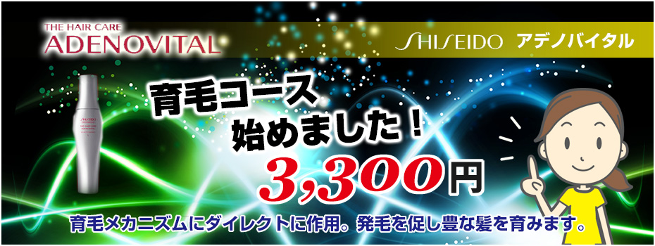 育毛コース始めました！資生堂アデノバイタル。育毛メカニズムにダイレクトに作用。発毛を促し豊かな髪を育みます。3,300円！